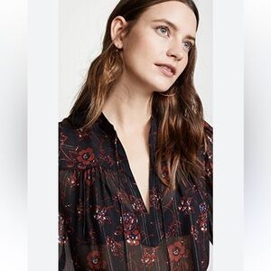 Ulla Johnson Constance Floral Blouse Silk Metallic‎ Gold Crepe Top Size 0 Noir